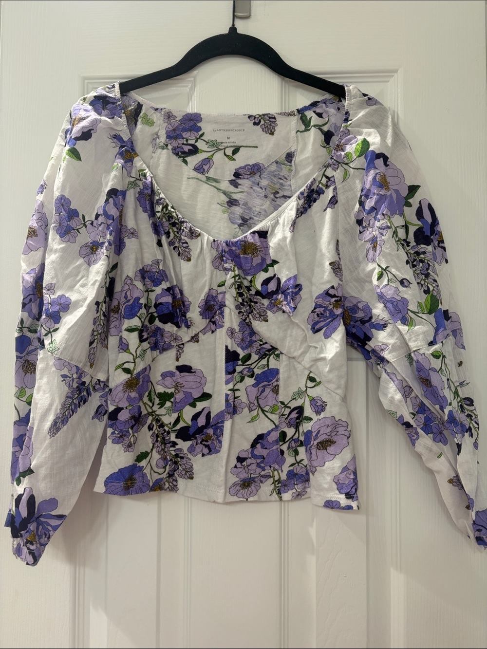 Anthropologie White Top with Purple Floral Print - Size M